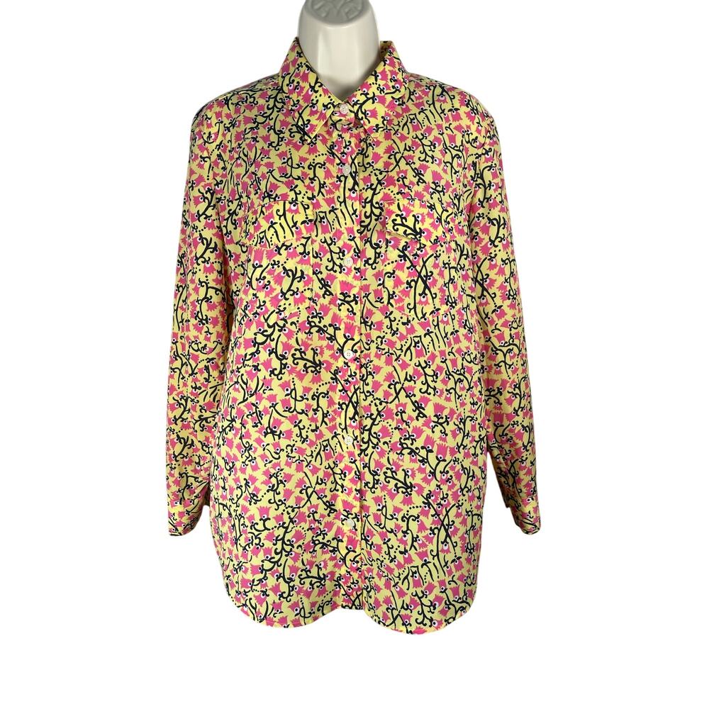 Lilly‎ Pulitzer Button Front Shirt M Yellow Pink Floral Kapri Preppy Vacation